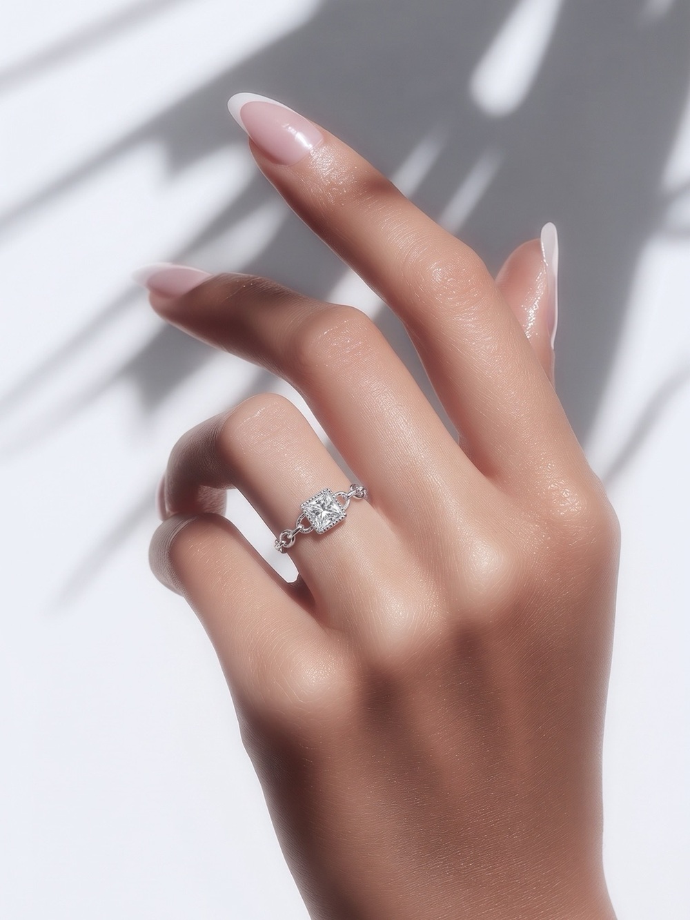 2390- 925 Sterling Silver Princess Cut CZ Chain Ring Adjustable Open Band